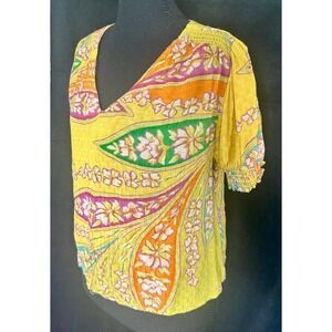 Haute Hippie Style Boho Yellow Floral Paisley V-Neck Puff Sleeve Blouse Medium